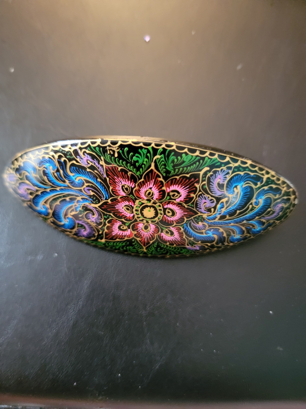 Hand Crafted Floral Enamel Hair Barrette in Green, Blue, Pink and Gold